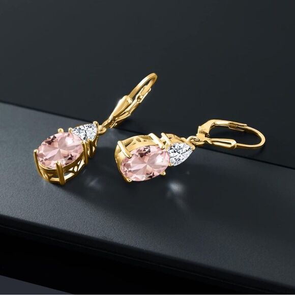 18K Yellow Gold with 5.58Cttw Peach Morganite and White Moissanite Drop Earrings - Picture 2 of 4